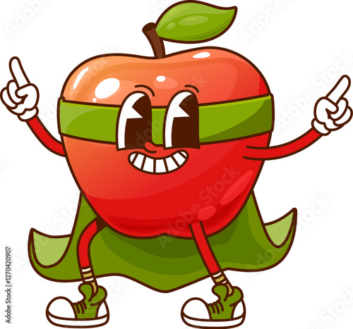 Cartoon groovy red apple fruit superhero character. Vector funny vigilante in green mask and cloak smiling and posing. Isolated fairytale plant, comics book defender personage for kids menu or game
