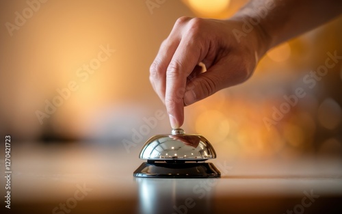 A finger presses a shiny silver and black service bell