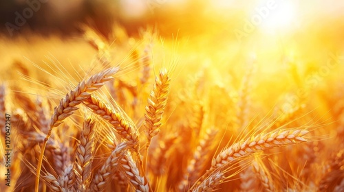 Sunlight bathes a lush wheat field in golden hues, highlighting ripened stalks ready for harvest. This tranquil setting in the countryside showcases nature's bounty in full splendor