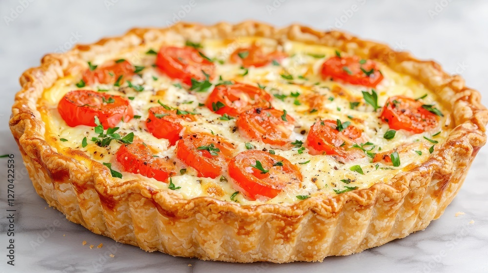 Baked savory tart with tomatoes and cheese on marble Baked savory tart with tomatoes and cheese on marble