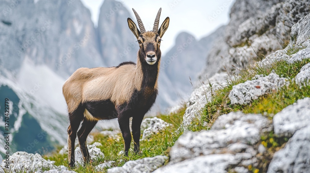 A mountain goat gazes curiously from a rocky outcrop in the Dolomites. Its coat blends with the surrounding landscape, showcasing the majestic scenery common in summer A mountain goat gazes curiously from a rocky outcrop in the Dolomites. Its coat blends with the surrounding landscape, showcasing the majestic scenery common in summer