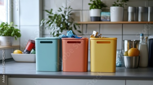 Sustainability at Home At home, a symphony of colors unfolds as recyclable materials are separated into designated bins based on their hue, a prelude to a cleaner tomorrow where waste is transformed