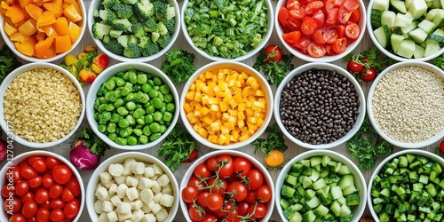 Flat Lay of Healthy Meal Prep with Fresh Vegetables and Grains