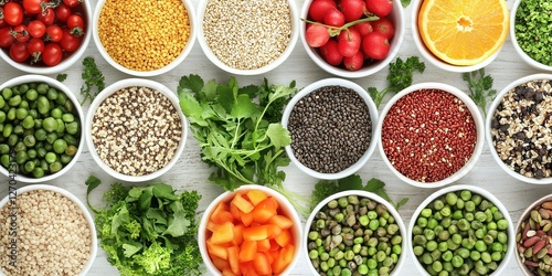 A stylish flat lay of healthy meal prep featuring fresh vegetables grains and fruits in bowls with a minimalist background