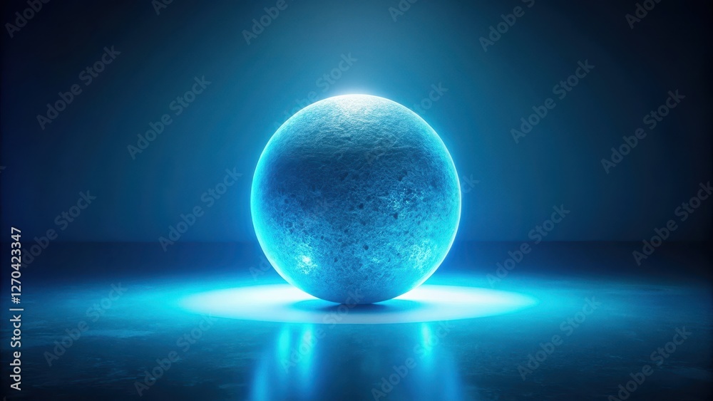 Obraz premium A luminous sphere rests on a reflective surface, bathed in an ethereal blue glow, creating a captivating scene of serene cosmic energy.