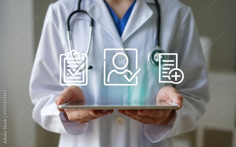 Doctor displays patient records and data on tablet device Doctor displays patient records and data on tablet device