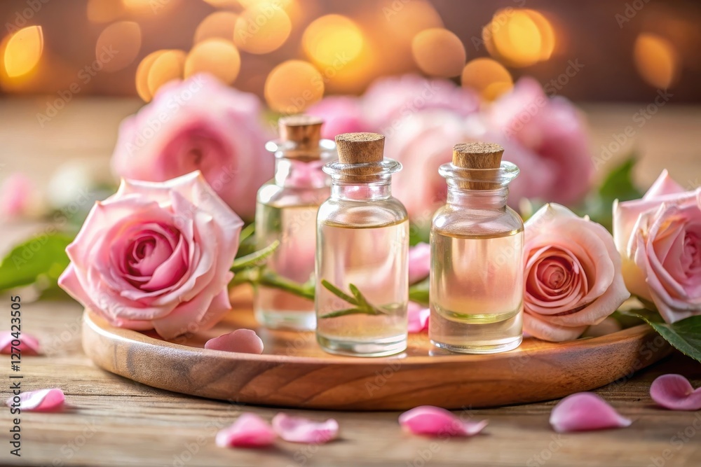 Aromatic Rose Essential Oil Bottles on Wooden Tray with Pink Roses and Petals Aromatic Rose Essential Oil Bottles on Wooden Tray with Pink Roses and Petals