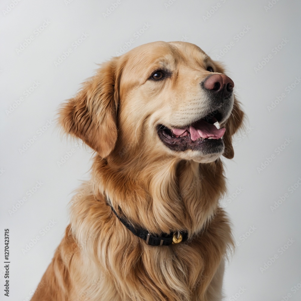A golden retriever sitting on a pure white background, looking happy. A golden retriever sitting on a pure white background, looking happy.