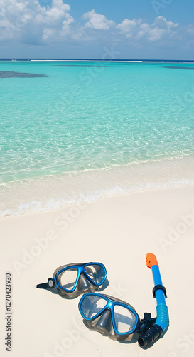 Blue diving mask lies on a white sand beach with turquoise water in the background, inviting to snorkeling and exploring underwater world.
