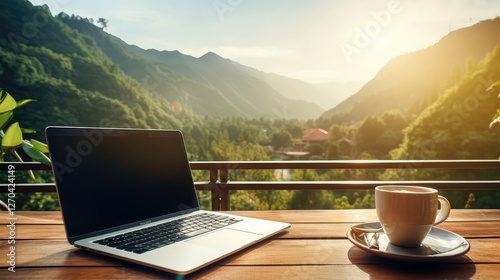 serene laptop on desk coffee photo