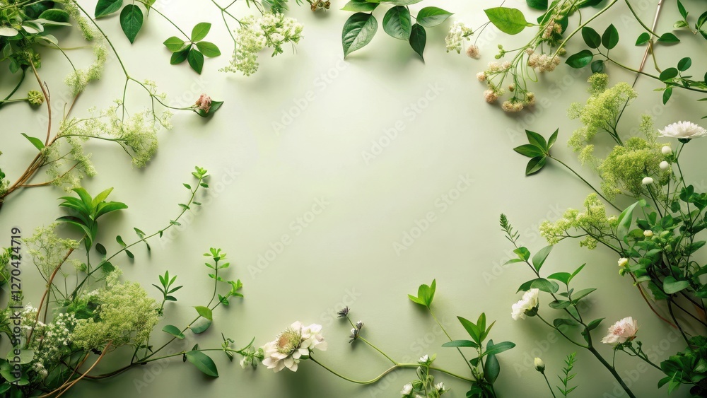 Fototapeta premium Serene Botanical Frame Delicate White Blooms and Lush Greenery Arranged on a Pale Green Background, Ideal for Elegant Invitations or Peaceful Announcements