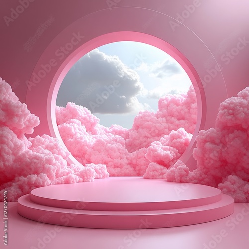 Elegant Pink Podium with Cotton Candy Clouds and Circular Portal to a Dreamy Sky: Minimalist Showcase for Beauty, Fashion, or Sweet Confectionery Products