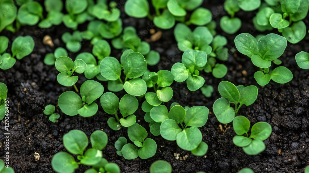 Seedlings Sprouting in a Garden Bed, Close-up of vibrant green seedlings sprouting from dark, rich soil, symbolizing the start of a flourishing spring garden. Seedlings Sprouting in a Garden Bed, Close-up of vibrant green seedlings sprouting from dark, rich soil, symbolizing the start of a flourishing spring garden.