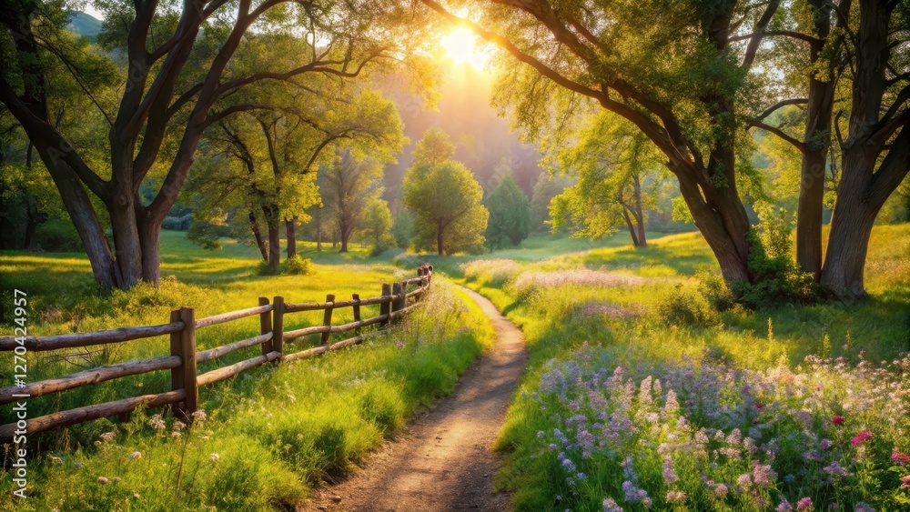 Serene Sunset Stroll Along a Rustic Fence-Lined Path Through a Vibrant Meadow Serene Sunset Stroll Along a Rustic Fence-Lined Path Through a Vibrant Meadow