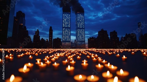 Twin Towers at dusk, candles below. A somber memorial scene, honoring victims. photo