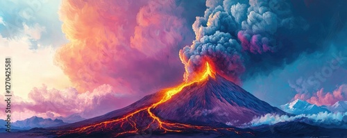 Volcanic landscapes idea. A breathtaking view of an erupting volcano surrounded by colorful ash clouds and lava.
