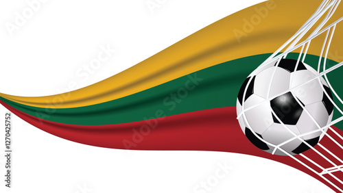 Soccer football ball in goal net with Lithuania wavy flag، Sports accessory equipment and waving flag illustration vector.
