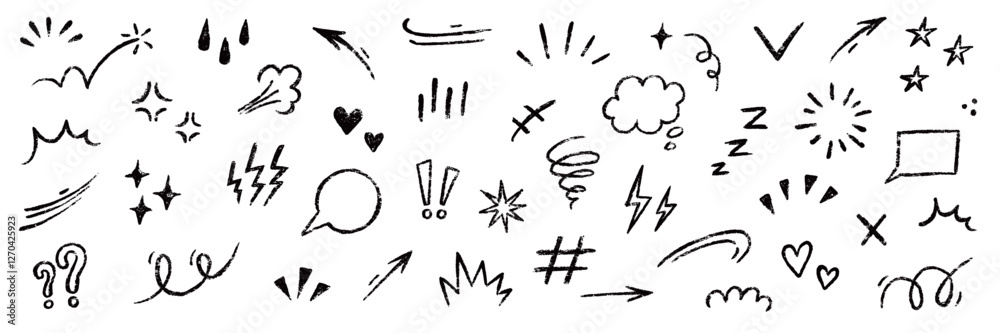 Line movement element hand drawn chalk effect decoration shape. Hand drawn cute doodle line element arrow, emphasis, shock, sparkle. Motion cartoon movement chalk icon. Vector illustration