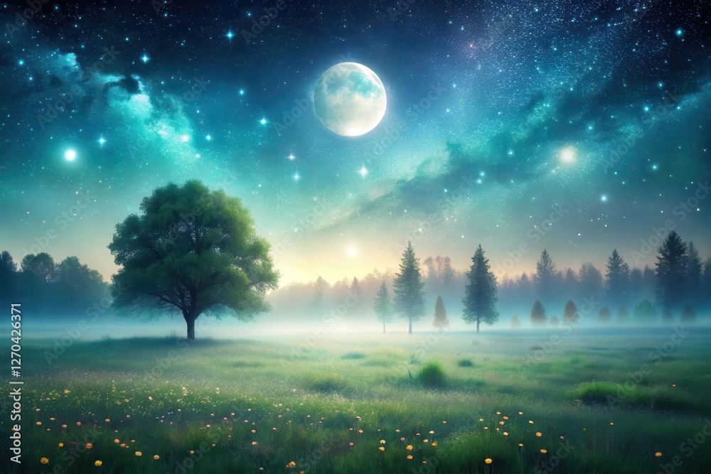 Naklejka premium Serene Nighttime Meadow Landscape with Solitary Tree Underneath a Starlit Sky and Full Moon