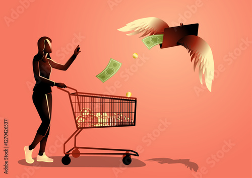 Woman with a shopping cart watching her purse fly away, dropping cash. Perfect for themes of overspending, financial loss, inflation, or daily life expenses