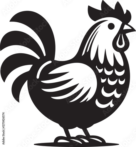 Silhouette vector of a standing hen with detailed feathers. Perfect for farm logos, poultry branding, and rustic designs. Available in EPS format.