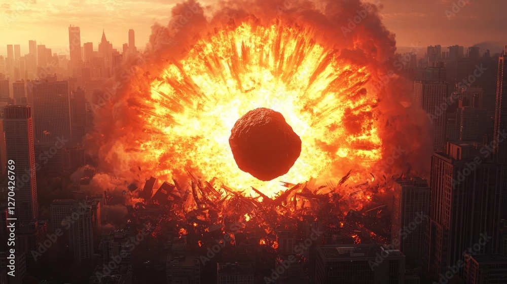 Asteroid impact concept. Dramatic scene of an explosion in a city, showcasing the impact of disasters on urban life. Asteroid impact concept. Dramatic scene of an explosion in a city, showcasing the impact of disasters on urban life.