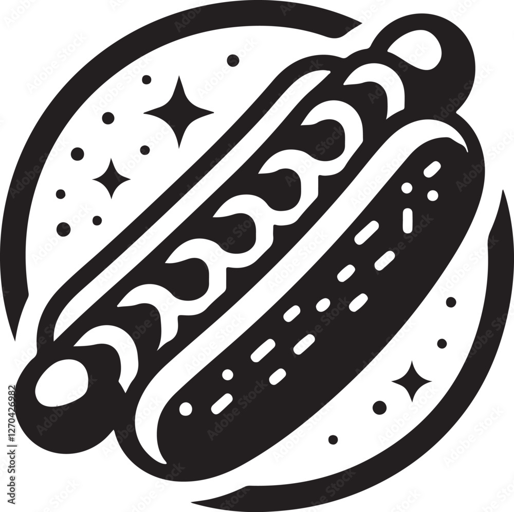 Silhouette vector of a classic hot dog with a bun and toppings. Perfect for food logos, fast food branding, and menus. Available in EPS format for versatile use. Silhouette vector of a classic hot dog with a bun and toppings. Perfect for food logos, fast food branding, and menus. Available in EPS format for versatile use.