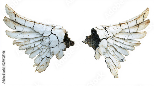 broken cracked white angel wings isolated on white background