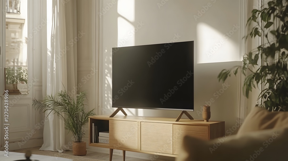 Minimalist Wooden TV Stand with Blank Display Screen in Modern Living Room Mockup Minimalist Wooden TV Stand with Blank Display Screen in Modern Living Room Mockup