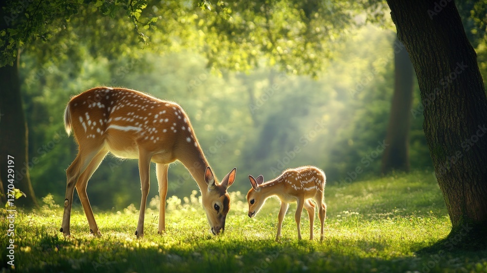 Doe and fawn grazing in sunlit forest. Doe and fawn grazing in sunlit forest.