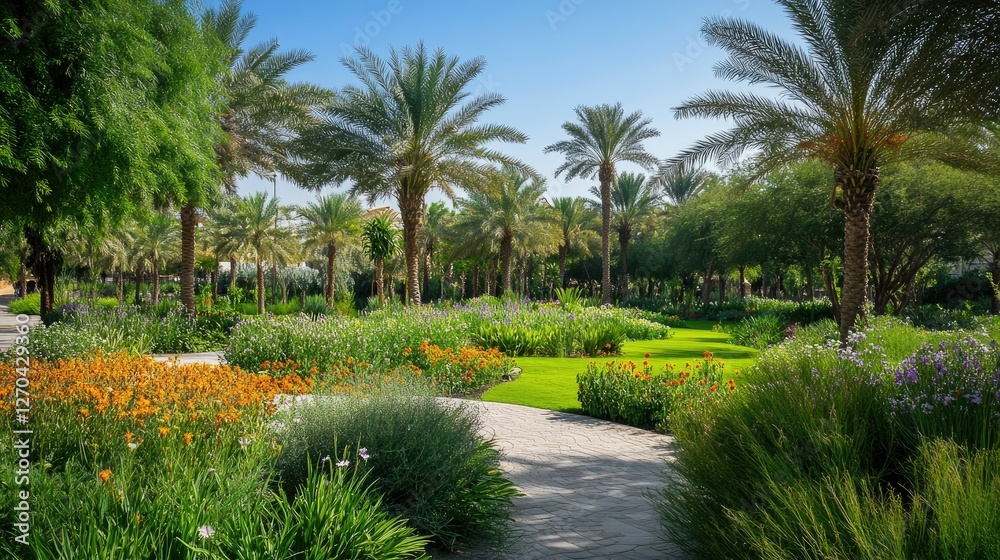 Fototapeta premium Serene Oasis: A Lush Garden Paradise in the Middle East