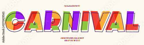 Vector font carnival colorful style modern typography for decoration, industrial, logo, poster, t shirt, book, card, sale banner, printing on fabric. Cool 3d typeface. Trendy alphabet. 10 eps