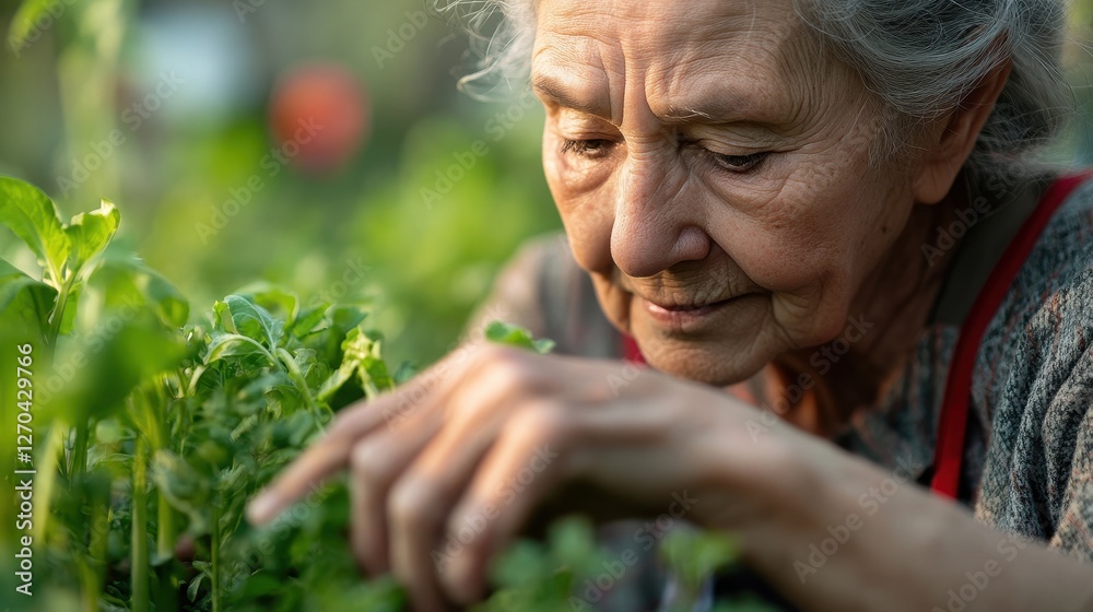 Fototapeta premium Sustainability at Home A senior woman, hands calloused yet gentle, tendrils to a vibrant green vegetable garden, her brow furrowed in concentration as she nurtures the life she is nurtured. The image