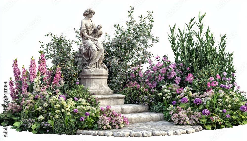 Obraz premium Graceful statue of a mother and child surrounded by vibrant flowers and lush greenery in a serene garden setting
