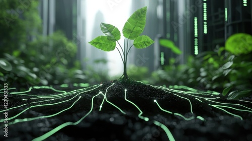 A futuristic plant with glowing roots in a hightech environment.