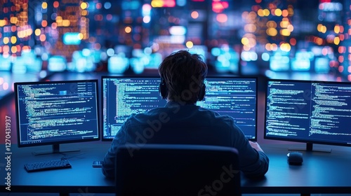 A person is seated in front of multiple monitors displaying code in a dimly lit room filled with colorful lights, creating a high-tech atmosphere.