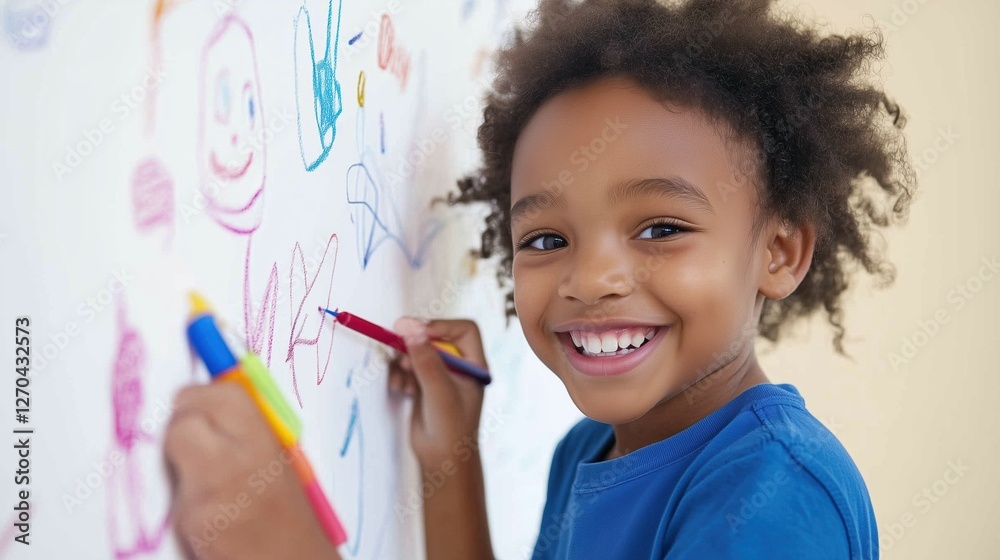 Creative Spark: An adorable child, immersed in the joy of art, beams with a radiant smile as they create colorful drawings on the wall, igniting a world of imagination and self-expression. Creative Spark: An adorable child, immersed in the joy of art, beams with a radiant smile as they create colorful drawings on the wall, igniting a world of imagination and self-expression.