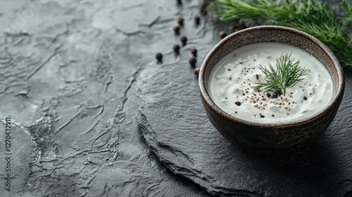 Creamy homemade yogurt in rustic bowl, garnished with dill and spices, set on textured stone surface. This inviting composition highlights simplicity of fresh ingredients