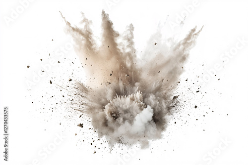 dust explosion isolated on white background  large smoke and debris cloud from powerful explosion  stock photo