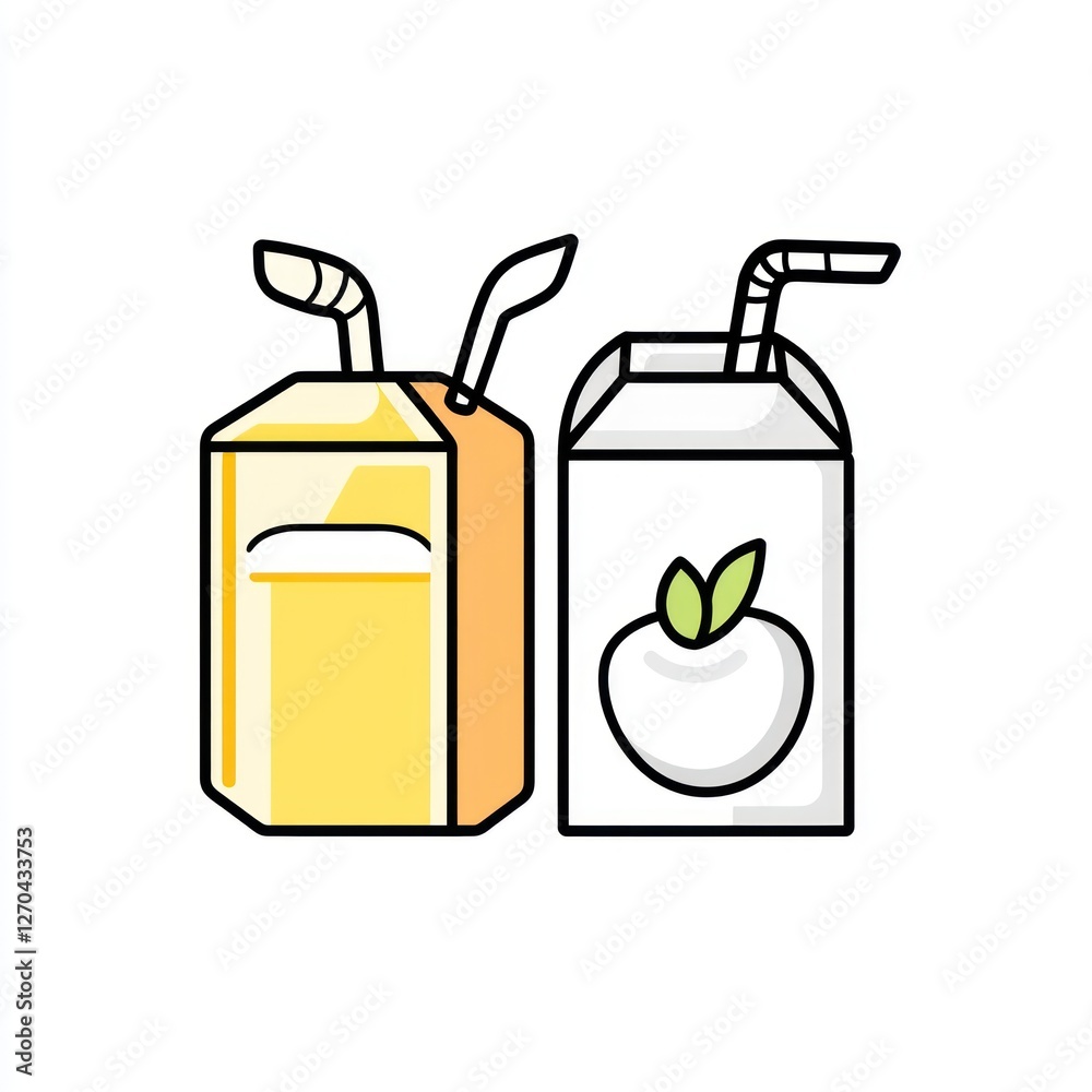Two juice boxes with straws, white background, healthy drink, kids snack Two juice boxes with straws, white background, healthy drink, kids snack