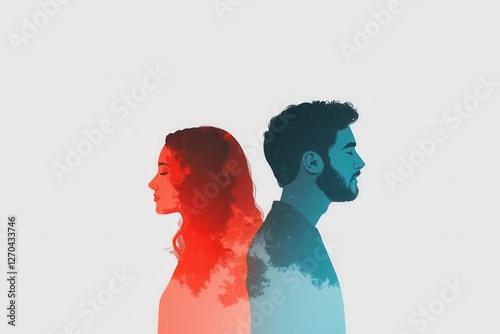 double exposure illustration of couple facing away from each other, with red and blue hues blending into their silhouettes, symbolizing emotional distance