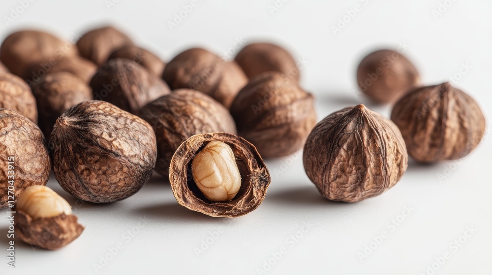 Candlenuts against a white background, herbs photography. Candlenuts against a white background, herbs photography.