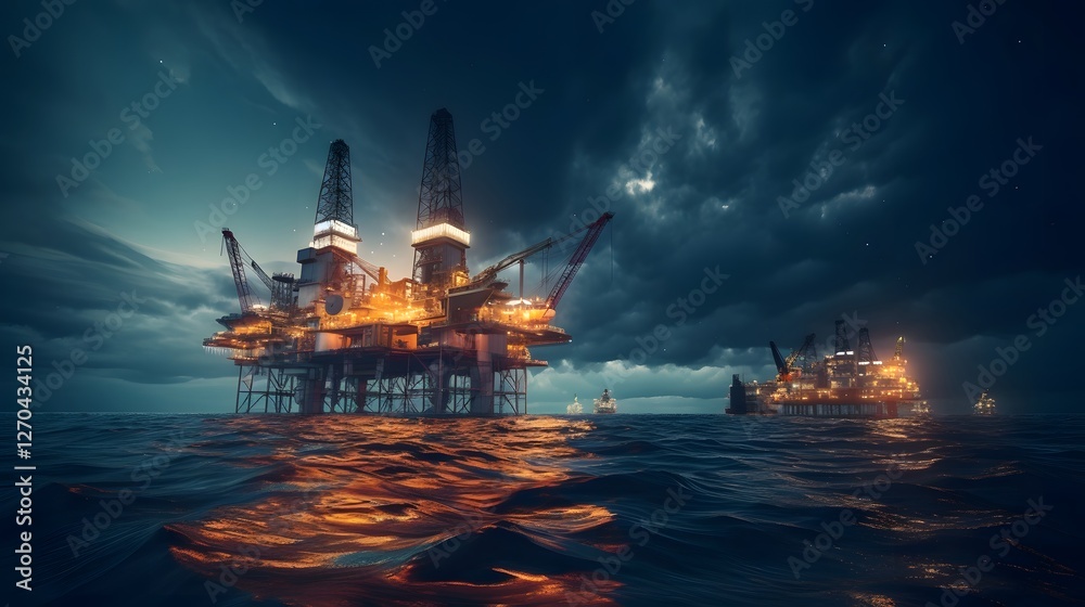 Obraz premium Majestic offshore oil rig platform rises from the calm ocean waters its industrial lighting casting a warm glow across the dark expansive seascape