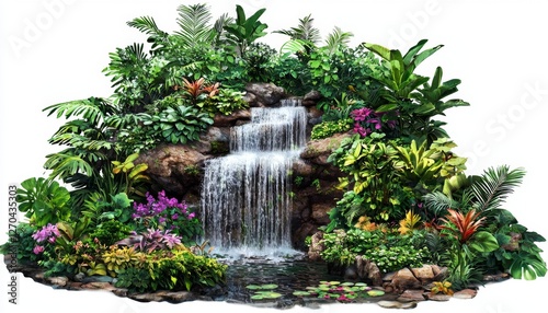 Lush Tropical Garden with Waterfall Surrounded by Vibrant Greenery and Colorful Flowers in a Flourishing Natural Setting