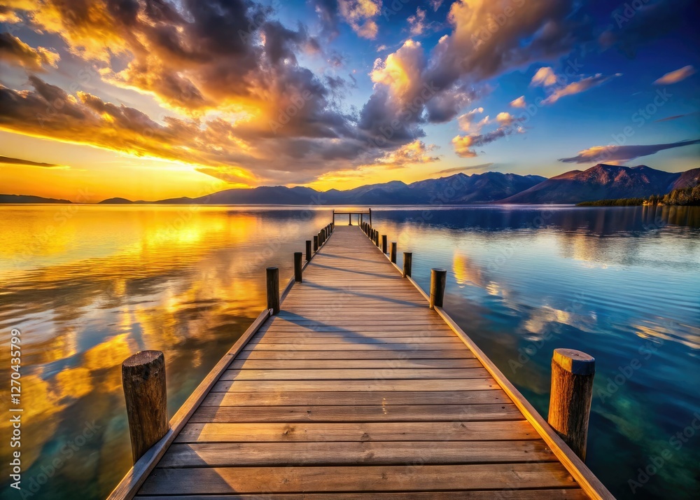 Fototapeta premium Golden hour paints Lake Tahoe's sunset, a wooden dock silhouetted against fiery skies.