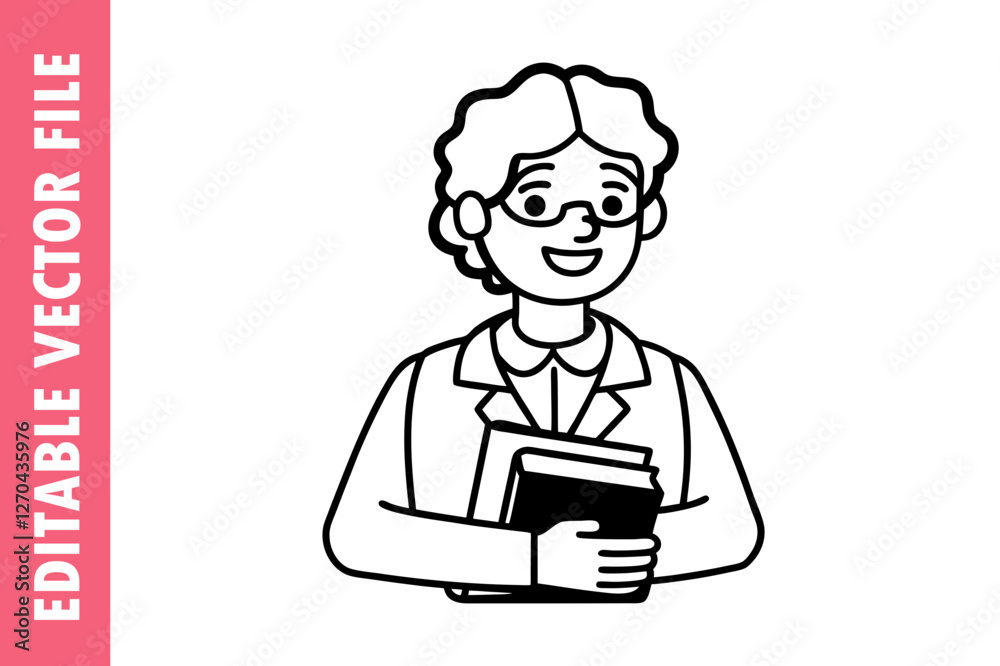 teacher Vector Illustration, Smiling Teacher Holding Books, Black and White Educational Clip art teacher Vector Illustration, Smiling Teacher Holding Books, Black and White Educational Clip art