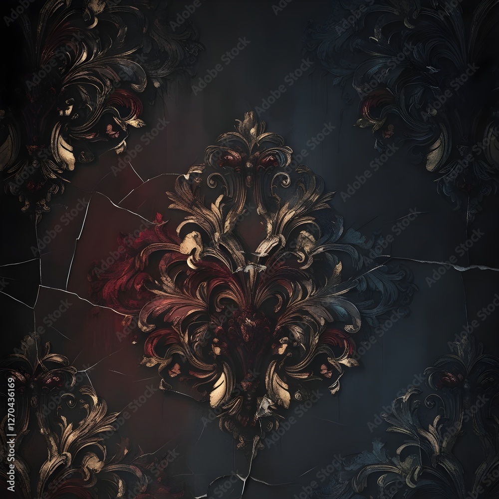 A dramatic, mysterious background featuring a dark, richly ornate Baroque wallpaper with intricate patterns, gilded accents, and subtle, A dramatic, mysterious background featuring a dark, richly ornate Baroque wallpaper with intricate patterns, gilded accents, and subtle,
