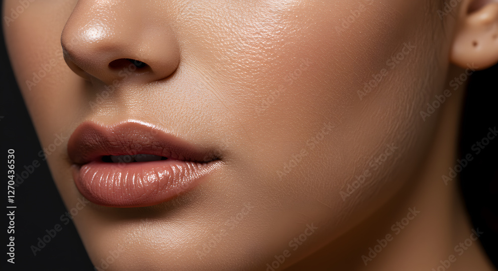 Close-up of a young woman's flawless skin and full lips, highlighting beauty and skincare. Close-up of a young woman's flawless skin and full lips, highlighting beauty and skincare.