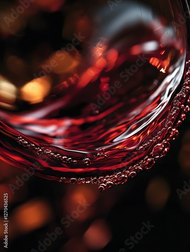 Abstract Close Up of Red Wine in Glass with Sparkling Bubbles and Dark Background
