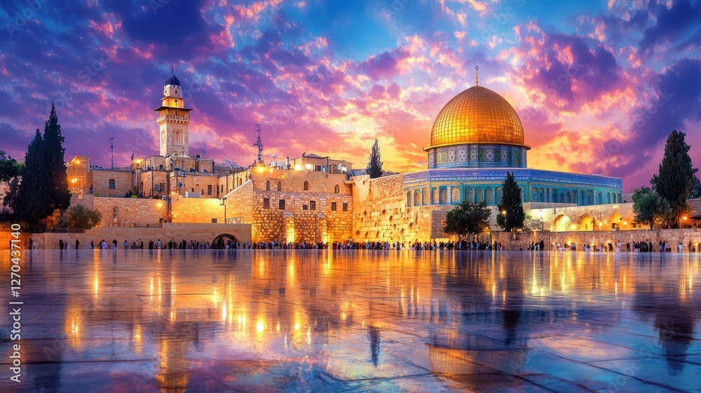 Fototapeta premium Wailing Wall in Jerusalem, Israel with Watercolor Buildings and Sunset Sky, Popular Tourist City Tourism, Watercolor Style